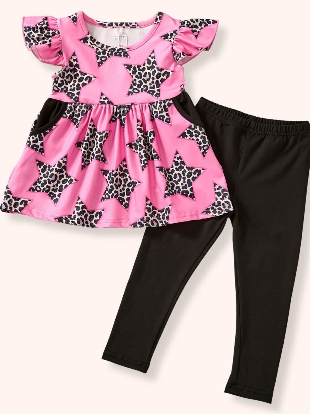 Girls Pink Star Leopard Print Top & Black Leggings Matching Set